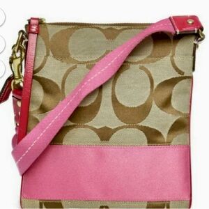 Coach Signature Khaki & Hot Pink Crossbody Bag Outside Pocket Style 101209  Y2K
